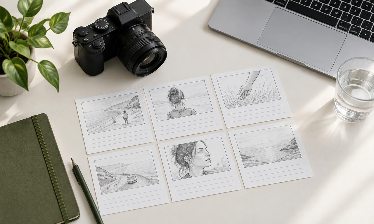 Концептуална сцена: камера и storyboard в творческо студио